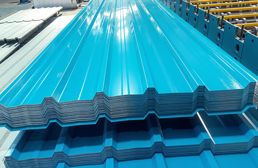 Blue Color-coated Roofing Sheets Ready for Installation