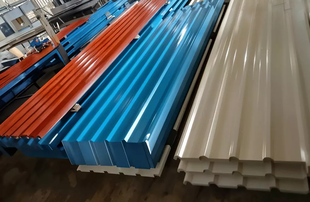 Stack of Color-coated Roofing Sheets at a Manufacturing Site