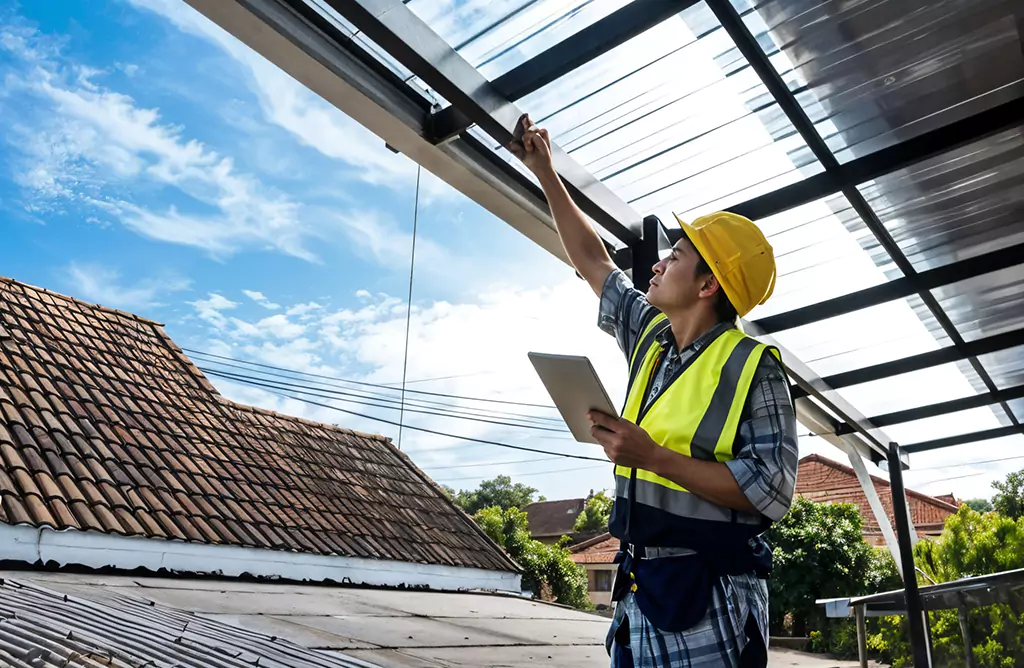 Worker Inspecting High-quality Metal Roofing