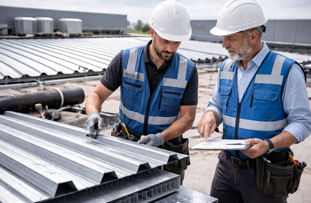 Engineers Inspecting Metal Deck Sheets on an Industrial Roof of Strength and Durability