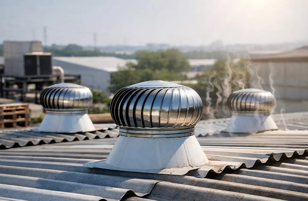 Close-up of Rooftop Turbo Ventilators Releasing Heat and Improving Ventilation